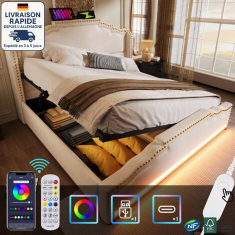 Lits coffre 140x200cm, lits adultes, velours, sans matelas, lits doubles LED, ouverture latérale, beige (1/5)