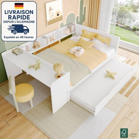 Lits gigognes 140x200cm, lit double avec bureau et étagères, pin, sans matelas, Bois Certifié PEFC - blanc