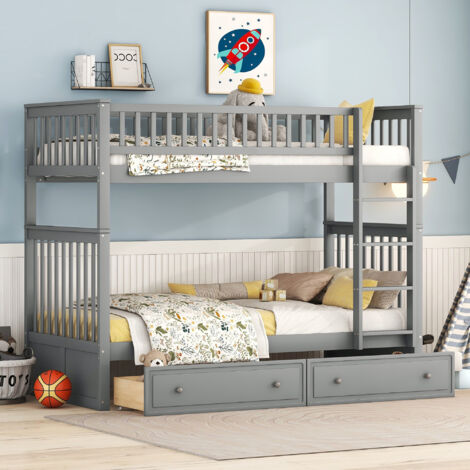 Cadre de lit superposé 90x200cm avec 2 tiroirs, transformable en 2 lits séparés, lits enfants, pin, sans matelas, gris (1/5)
