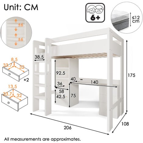 Lit Mezzanine 140x200 Cm, Lit Gaming Avec Bureau, éclairage LED, Port