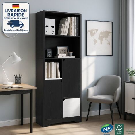 Bibliothèque multifonction noire et blanche avec espace ouvert, portes et tiroirs – meuble de rangement moderne pour salon et chambre (1/5)
