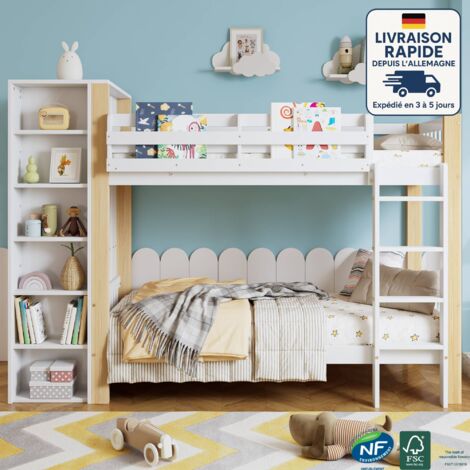 Lit enfant, lit superposé 90x200 cm avec barrières de sécurité, échelle 4 marches, 6 étagères ouvertes, armoires latérales - pin et panneaux, blanc et naturel (1/5)