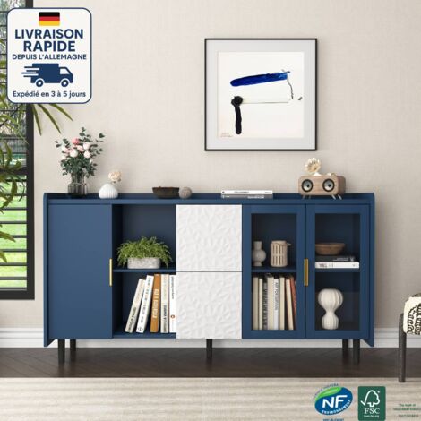 Buffet contemporain, meuble de rangement 140 cm avec 2 tiroirs, 2 niches ouvertes, 2 portes vitrées - bleut (1/5)