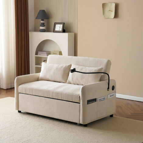 Canapé 2 places 129 x 76 x 81 cm avec poches latérales, convertible, dossier réglable, USB, tissu chenille, beige (1/5)