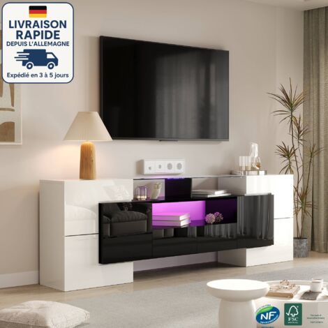Meuble TV 200x35x60cm avec 4 portes, plateau en verre, panneau bas, avec LED, aggloméré, noir et blanc (1/5)