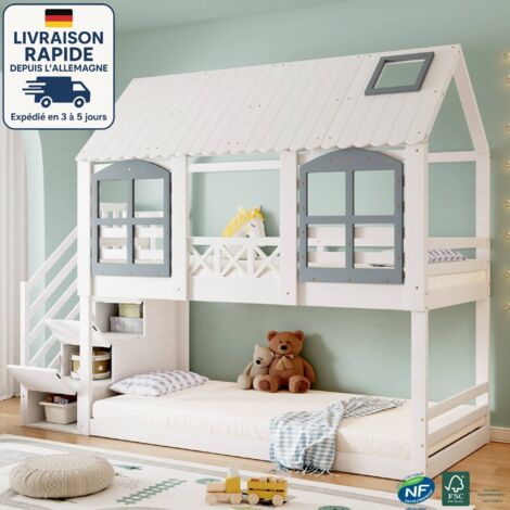 Lit superposé enfant 90x200cm avec 3 coffres de rangement et barrière, toit et fenêtres, bois et MDF, blanc et gris