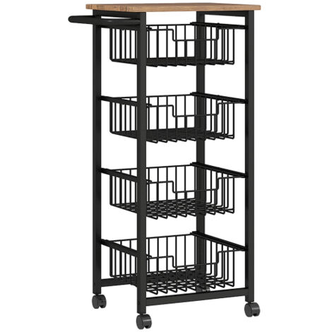 Desserte de cuisine multifonction avec plateau, 4 paniers coulissants en acier, desserte roulante pour la cuisine ou le bureau - MDF effet chêne - 49,5 x 31 x 91 cm - Noir (1/5)