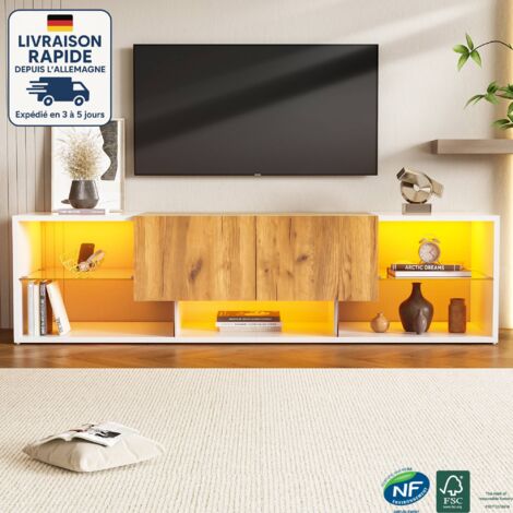 Meuble TV à trois niveaux, peut accueillir un téléviseur jusqu'à 70 pouces, avec plateau en verre, 2 tiroirs, adapté au salon et à la chambre, couleur blanc + bois naturel (1/5)