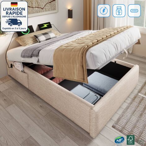 Lit avec coffre 90×190 cm, lit simple avec USB-C et sommier à lattes, sans tête de lit, tissu en lin, couleur naturelle (1/5)