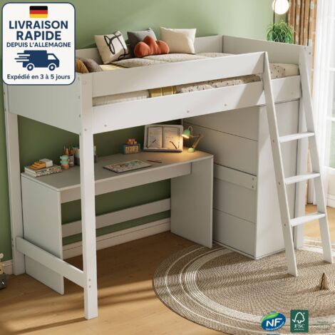 Lit mezzanine enfant 90x200 cm multifonctionnel avec bureau et armoire, bois et MDF, blanc (sans matelas)