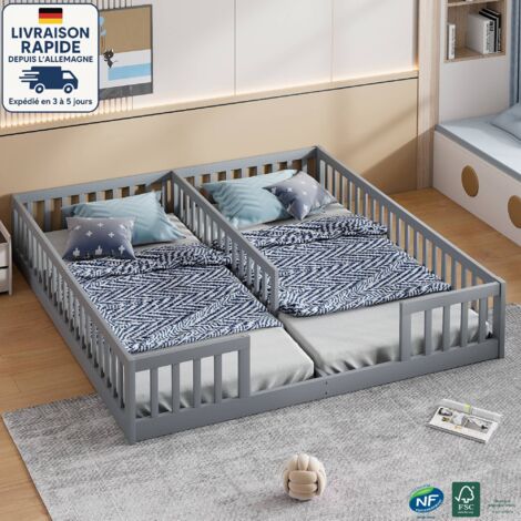 Lit enfant 90x200 cm 2 places avec dossier et sommier à lattes, bois, gris, sans matelas (1/5)