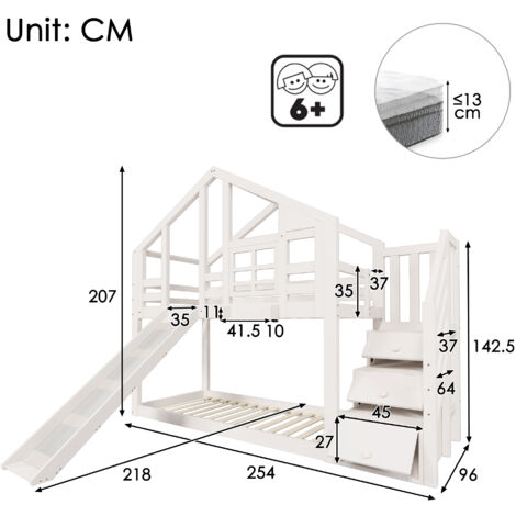 KoDise Lit Cabane Enfant 90x200 Cm Lit Superposé - Bois Massif - Avec échelle Et Baldaquin