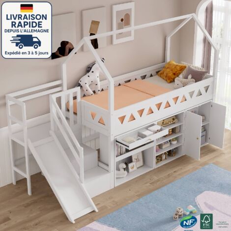 Lit Mezzanine Enfant En Forme De Maison Avec Fenêtre - 90x200 Cm - Rangement Intégré Sous Le Lit Et Dans L'échelle - En Pin Blanc Et Naturel (sans Matelas) - 3