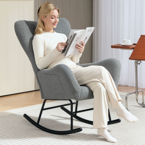 Fauteuil à bascule en tissu Teddy, base en bois avec coussins, charge maximale 120 kg, gris (1/5)