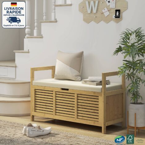 Banc Chaussures Bambou Avec Coussin Confort - 50cm - Rangement Chaussures Et Siège Entrée - Design Naturel