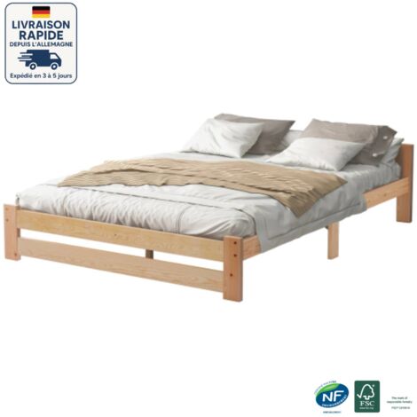 Lit adulte-200x140 cm , Lit double - lit futon en bois avec tête de lit et sommier à lattes - bois naturel,couleur naturelle (1/5)
