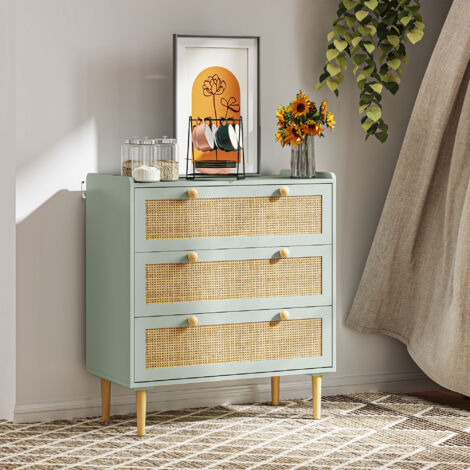Commode MODFU 80x40x87,5 cm, avec 3 tiroirs, buffet de salon, style bohème, rotin, bleu clair (1/5)