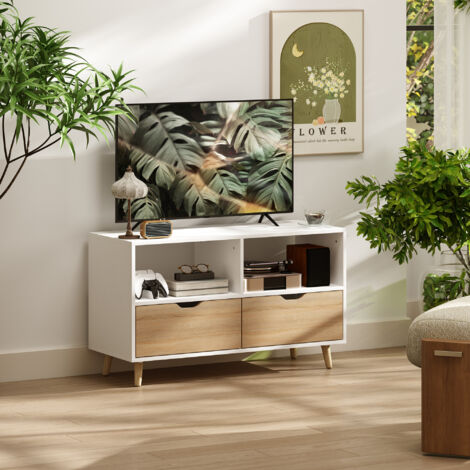 Meuble TV moderne MODFU 99 x 39 x 58,3 cm avec 2 tiroirs, commode, bois, blanc (1/5)
