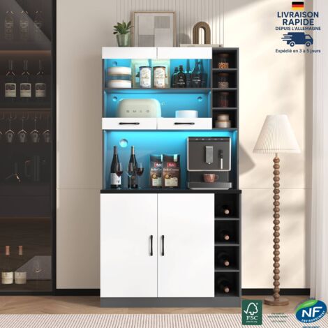 Meuble de cuisine multi-rangements 2 portes 3 tiroirs 3 étagères avec éclairage d'ambiance LED et passe-câble + 100x47x187cm bicolore Noir + Blanc (1/5)