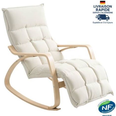 Fauteuil à bascule en bouleau avec repose-pieds réglable en hauteur sur 5 positions, revêtement en lin, capacité de charge 150 kg, couleur crème