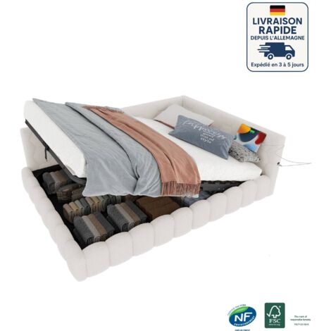 Lits coffre 140x200 cm, LED, USB, Type-C, hydraulique, canapé-lit simple pour enfant, sans matelas, imitation velours de laine, blanc (1/5)