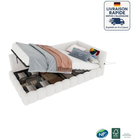 Lits coffre 90x200 cm, LED, USB, Type-C, hydraulique, canapé-lit simple pour enfant, sans matelas, imitation velours de laine, blanc (1/5)