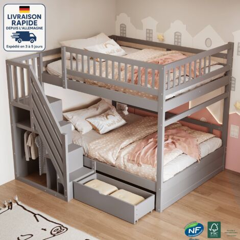 Lit superposé 140x200 cm,Bois Certifié PEFC ,Lit de sécurité renforcé avec barrières hautes, sommier à lattes, échelle de sécurité avec rangement, tiroirs de rangement-- Gris