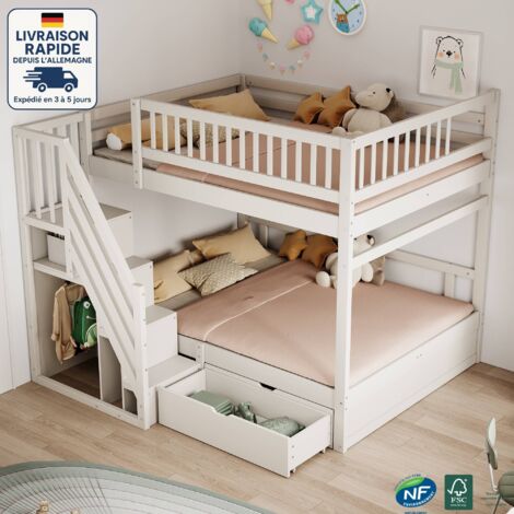 Lit superposé 140x200 cm,Bois Certifié PEFC ,Lit de sécurité renforcé avec barrières hautes, sommier à lattes, échelle de sécurité avec rangement, tiroirs de rangement-- Blanc