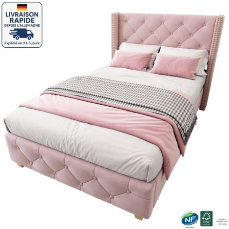 Lit simple capitonnés 90x200cm - lit velours design - Boutons, décoration de rivets, pieds en bois - Bois Certifié PEFC - rose (1/5)