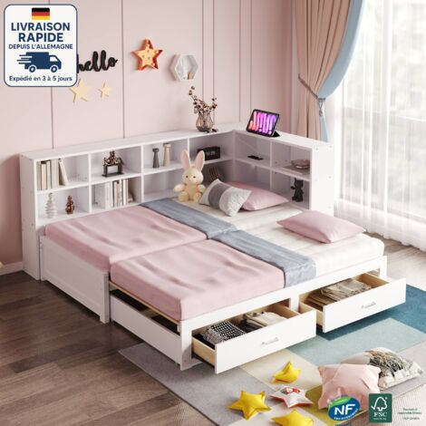 Lit superposé enfant 90/180x190cm -Lit gigogne - Avec lit gigogne, compartiment de rangement, prise européenne multifonctionnelle - Bois Certifié PEFC -Blanc