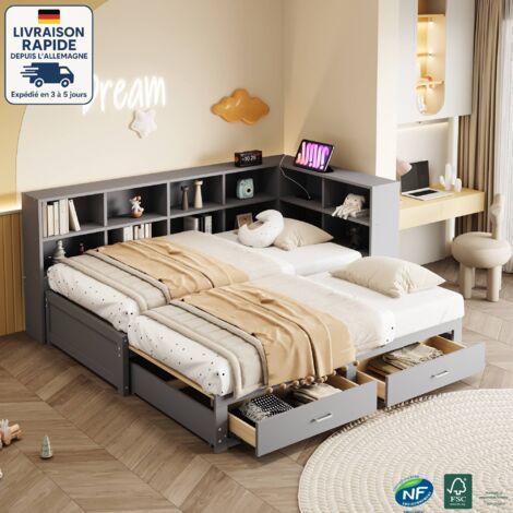 Lit superposé enfant 90/180x190cm -Lit gigogne - Avec lit gigogne, compartiment de rangement, prise européenne multifonctionnelle - Bois Certifié PEFC -Gris