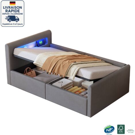 lit coffre capitonné tissu 90 x 200 cm -Lit enfant - Avec lumière LED, avec veilleuse et port de chargement USB, avec étagère - velours design -Bois Certifié PEFC - Gris clair (1/5)
