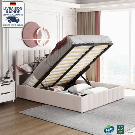 Lits coffre hydrauliques 140x200 cm, tête de lit réglable en hauteur, lit double, sommier à lattes, sans matelas, blanc chaud (1/5)