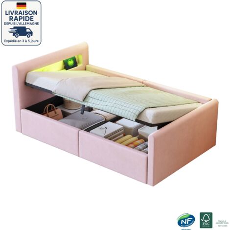 lit coffre capitonné tissu 90 x 200 cm -Lit enfant - Avec lumière LED, avec veilleuse et port de chargement USB, avec étagère - velours design -Bois Certifié PEFC - Rose (1/5)