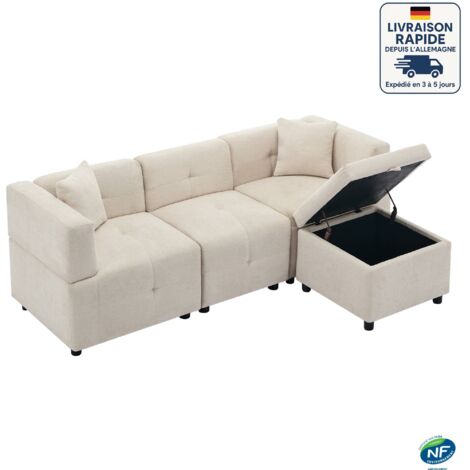 Canapé - Convient pour trois personnes - Avec fonction de stockage - Canapé d'angle en L avec repose-pieds amovible et 2 coussins -Beige (1/5)