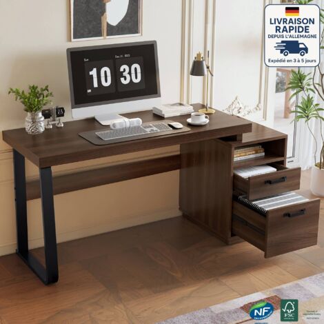 Bureau d'ordinateur 135 x 54 cm - Tiroir silencieux, tiroir à dossiers - Pieds de table en métal - industriel - Bois Certifié PEFC - B (1/5)