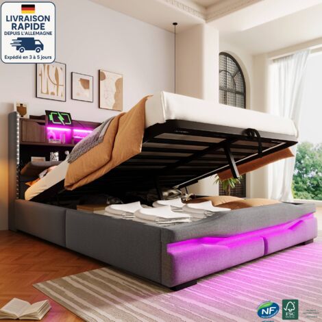 Lit coffre 140x200cm - Lit double capitonné 140x200 cm - lin - Bande lumineuse LED télécommandée avec ports USB -C , Espace de rangement de chevet - Bois Certifié PEFC -Gris (1/5)