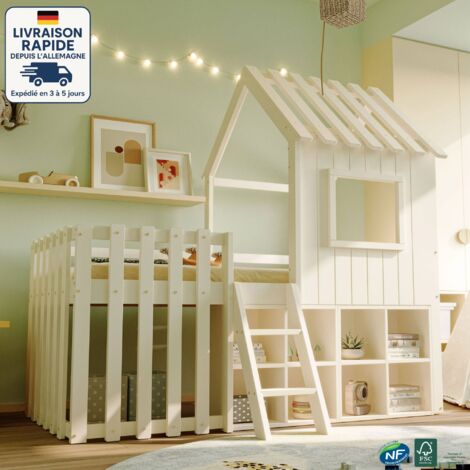 Modfu – Lit mezzanine enfant 90x200 cm – Toit et fenêtres – Rangement sous lit – Pin massif – Sécurité optimale – Blanc (1/5)