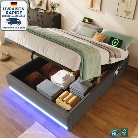 Lit coffre 90x200cm - Lit capitonné 90x200 cm - lin - Bande lumineuse LED télécommandée avec ports USB et Type-C, avec petit sac de rangement - Bois Certifié PEFC -Gris (1/5)