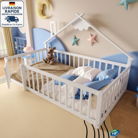 Lit cabane enfant 90 x 190 cm - avec sommier et barrières - Garde-corps verrouillable - Bois Certifié PEFC - Style simple - blanc