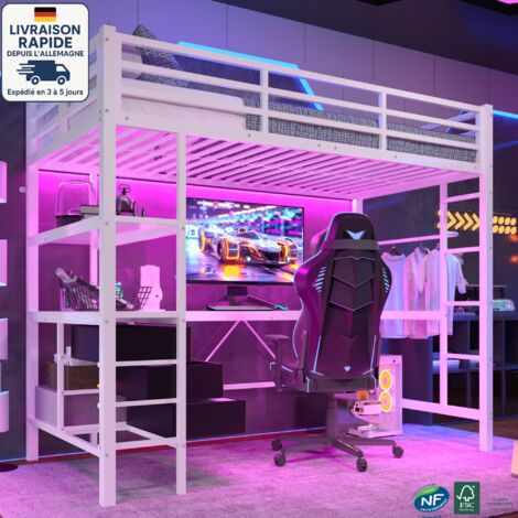 Lit mezzanine 90 x 200cm - Lit en métal - Style industriel - Avec lumière LED, bureau, prise + USB, 3 tiroirs, étagère - Blanc (1/5)