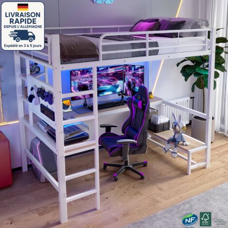 Lit mezzanine 90 x 200cm - Style industriel - Comprend un bureau, des étagères multicouches, des prises USB + Type-C, une bande lumineuse LED, un panneau perforé -Blanc (1/5)
