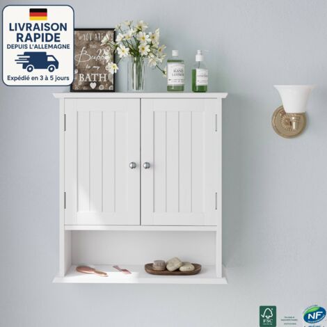 Meuble Haut Mural Blanc 60×20×54.6 cm –Armoire de Salle de bain avec 2 Portes -scandinave - Étagère Ajustable - Résistant Humidité (1/5)
