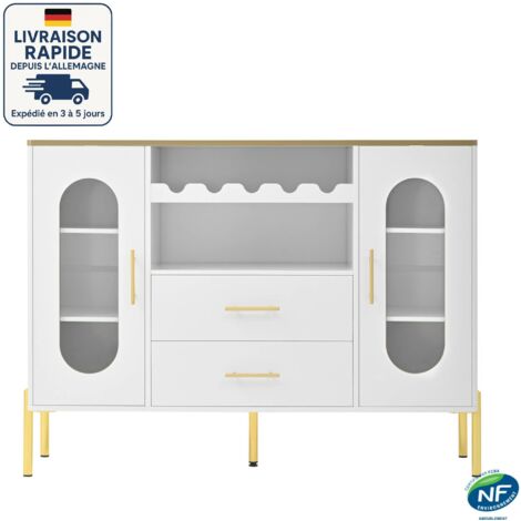 Buffet 2 portes 140 cm - Avec panneau en verre et casier à vin - contemporain - Avec décoration en or - Blanc (1/5)