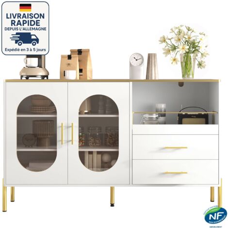 Buffet 2 portes 140 cm - Avec 2 tiroirs et 2 portes vitrées - contemporain - Avec décoration en or - Blanc (1/5)