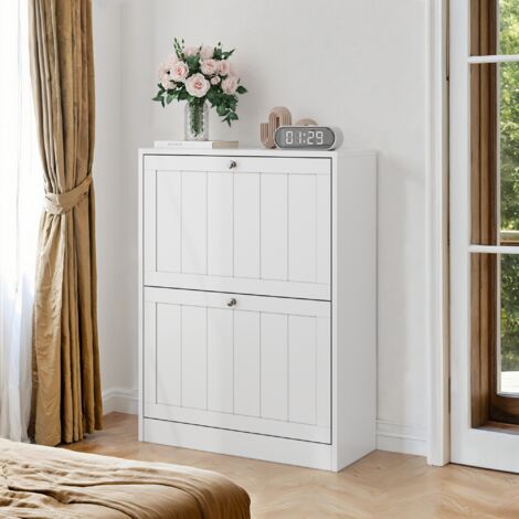 YEHTOKHOME Meuble à Chaussures Moderne Blanc 110 Cm – Armoire 4 Portes Battantes, 2 Tiroirs + 3 Compartiments Entrée