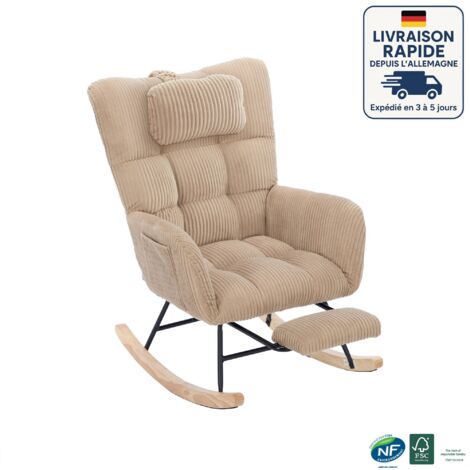 Fauteuil à bascule en velours côtelé - avec pieds en bois massif - Avec coussin de nuque - Dossier haut, accoudoirs rembourrés - Marron