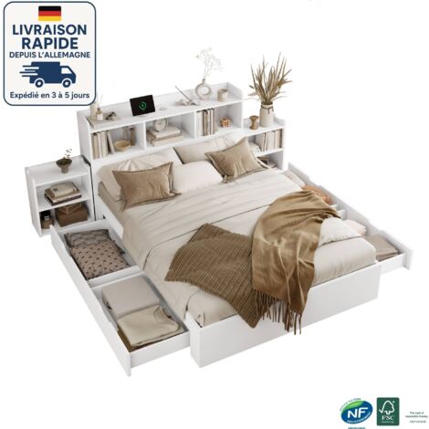 Lit adulte 140x200 - avec 4 tiroirs - Livré avec 2 tables de chevet coulissantes - Grand espace de rangement - Fonction de chargement sans fil+ prise de charge - Blanc (1/5)