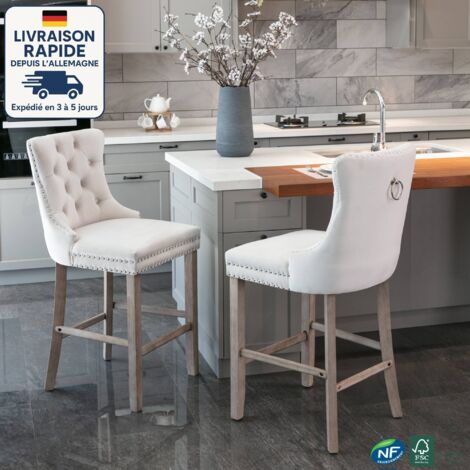 Lot de 2 Tabouret de bar velours en bois - Revêtement capitonné et pieds en bois - Garniture de tête de clou chromée - Beige (1/5)