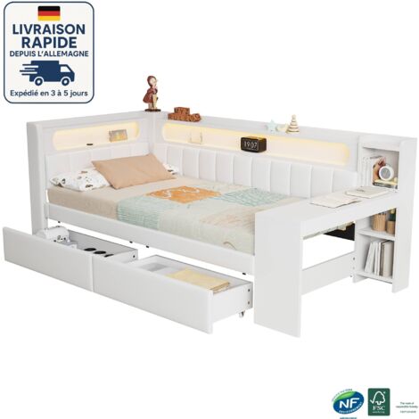 Lit enfant capitonné 90x200 - Avec bureau et 2 tiroirs - Éclairage LED - Blanc